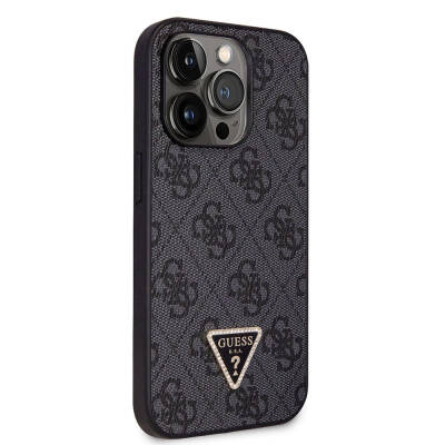 Apple iPhone 14 Pro Case Guess Original Licensed PU Leather Stoned Triangle Logo 4G Patterned Cover Black