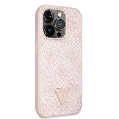 Apple iPhone 14 Pro Case Guess Original Licensed PU Leather Stoned Triangle Logo 4G Patterned Cover Pink