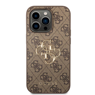 Apple iPhone 14 Pro Case Guess PU Leather Cover with Large Metal Logo Design Brown