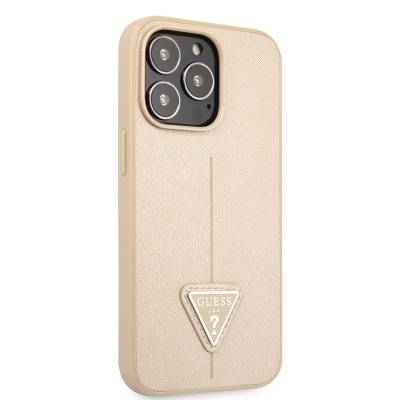 Apple iPhone 14 Pro Case GUESS PU Saffron Leather Triangle Logo Design Cover Cream