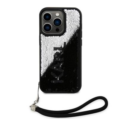 Apple iPhone 14 Pro Case Karl Lagerfeld Hand Strap Drawstring Moving Sequin Design Cover Siyah-Gümüş