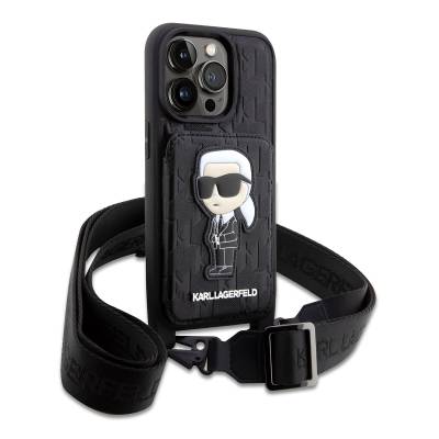 Apple iPhone 14 Pro Case Karl Lagerfeld Karl Design Cover with Neck Strap Card Holder Black