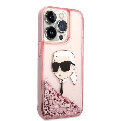 Apple iPhone 14 Pro Case Karl Lagerfeld Liquid Glitter Karl Head Design Cover Pink