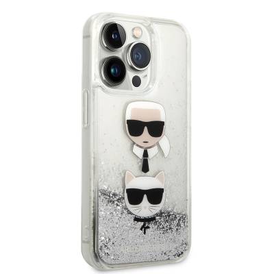 Apple iPhone 14 Pro Case Karl Lagerfeld Liquid Glitter K&C Head Design Cover Silver