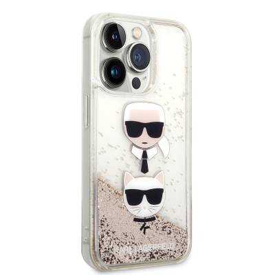 Apple iPhone 14 Pro Case Karl Lagerfeld Liquid Glitter K&C Head Design Cover Gold