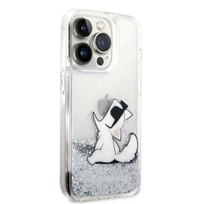 Apple iPhone 14 Pro Case Karl Lagerfeld Liquid Glittery Choupette Design Cover Silver