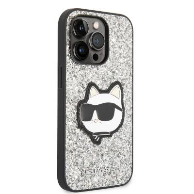 Apple iPhone 14 Pro Case Karl Lagerfeld Shiny Stone Choupette Design Cover Silver