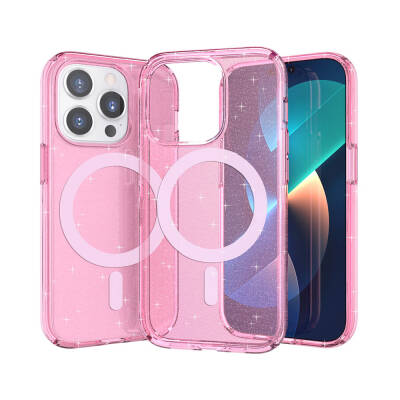 Apple iPhone 14 Pro Case Magsafe Charging Feature Shining Glitter Transparent Colored Zore Allstar Cover Pink