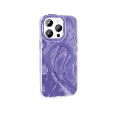 Apple iPhone 14 Pro Case Magsafe Charging Featured Brush Paint Patterned Zore Palette Cover Purple