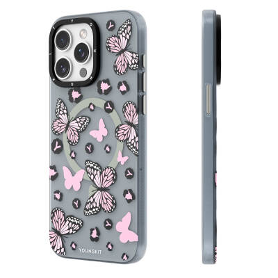 Apple iPhone 14 Pro Case Magsafe Charging Featured Butterfly Pattern Youngkit Shadow Dance Series Cover Pink