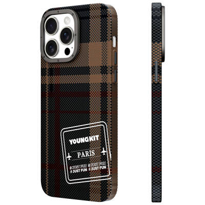 Apple iPhone 14 Pro Case Plaid Patterned Youngkit Gezhi Series Cover Brown