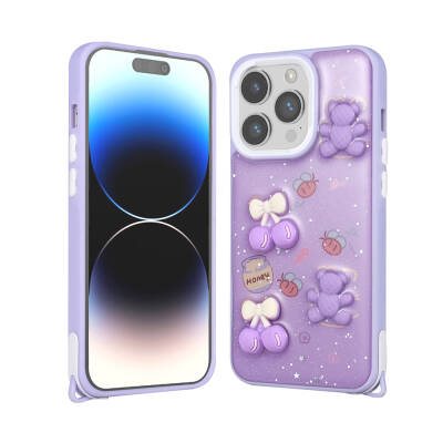 Apple iPhone 14 Pro Case Shining Glitter Relief Figured Zore Cevze Cover Mor Ayı