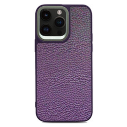 Apple iPhone 14 Pro Case Soft Leather Metal Camera Framed Kajsa Litchi Cover Purple