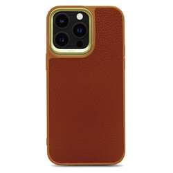 Apple iPhone 14 Pro Case Soft Leather Metal Camera Framed Kajsa Litchi Cover Brown