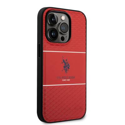 Apple iPhone 14 Pro Case U.S. POLO ASSN. Leather Striped Logo Design Cover Red