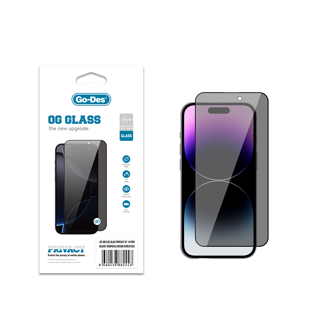 Apple iPhone 14 Pro Go Des OG Glass Privacy Antistatik Temperli Cam Ekran Koruyucu - 1