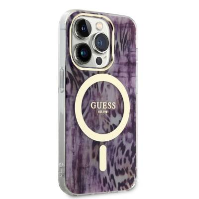 Apple iPhone 14 Pro Kılıf GUESS Magsafe Şarj Özellikli Leopar Desenli Kapak Pembe