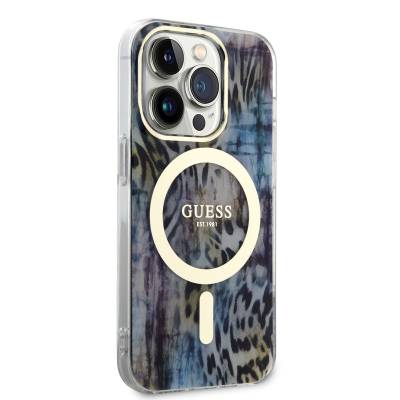 Apple iPhone 14 Pro Kılıf GUESS Magsafe Şarj Özellikli Leopar Desenli Kapak Mavi