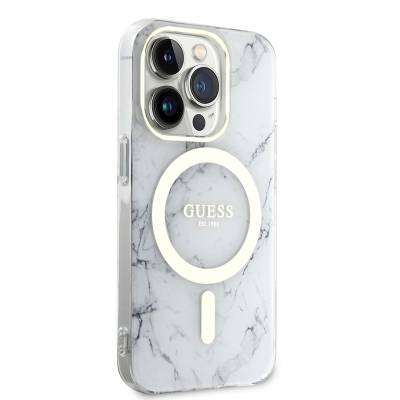 Apple iPhone 14 Pro Kılıf GUESS Magsafe Şarj Özellikli Mermer Desenli Kapak Beyaz