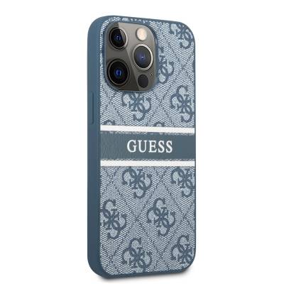 Apple iPhone 14 Pro Kılıf GUESS PU Deri Çizgili Logo Dizaynlı Kapak Mavi