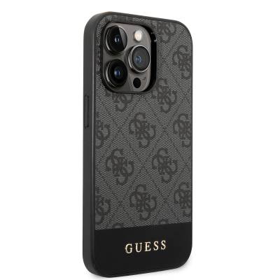 Apple iPhone 14 Pro Kılıf GUESS PU Deri Şerit Logo Dizaynlı Kapak Gri