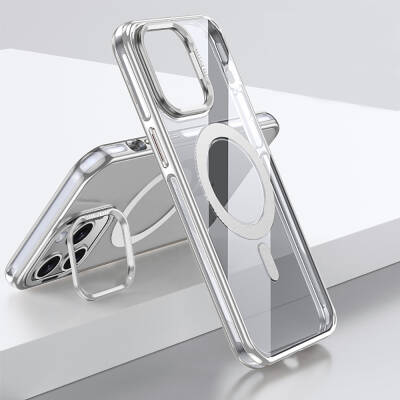 Apple iPhone 14 Pro Kılıf Magsafe Şarj Özellikli Wlons Standlı Efsane Kapak Gümüş