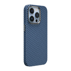 Apple iPhone 14 Pro Kılıf ​​​​​Wiwu Karbon Fiber Görünümlü Magsafe Wireless Şarj Özellikli Kabon Kapak Mavi