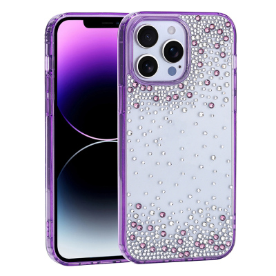 Apple iPhone 14 Pro Max Case Airbag Design Droplet Rhinestone Transparent Zore Pera Silicone Cover Purple