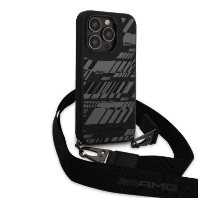 Apple iPhone 14 Pro Max Case AMG Liquid Silicone Strap Graphic Design Cover with Phone Strap Black