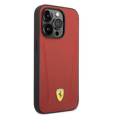 Apple iPhone 14 Pro Max Case Ferrari Magsafe Charge Featured Leather Edges Stamped Design Cover Red