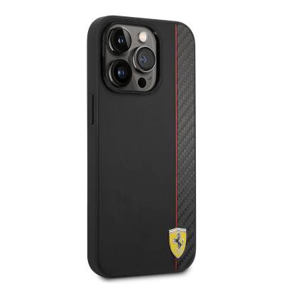 Apple iPhone 14 Pro Max Case Ferrari Magsafe Charging Featured Pu Leather And Carbon Striped Design Cover Black