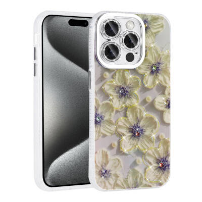 Apple iPhone 14 Pro Max Case Flower Patterned Shiny Stone Hard Silicone Zore Garden Cover Blue