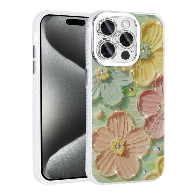 Apple iPhone 14 Pro Max Case Flower Patterned Shiny Stone Hard Silicone Zore Garden Cover Colorful