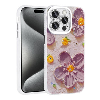 Apple iPhone 14 Pro Max Case Flower Patterned Shiny Stone Hard Silicone Zore Garden Cover Purple