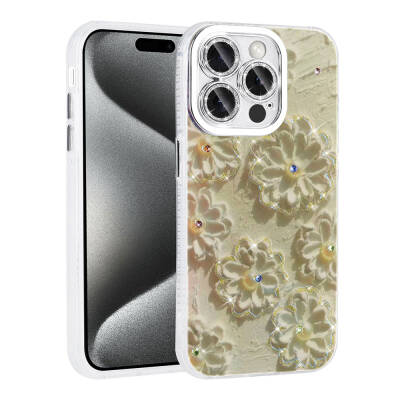 Apple iPhone 14 Pro Max Case Flower Patterned Shiny Stone Hard Silicone Zore Garden Cover White