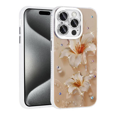 Apple iPhone 14 Pro Max Case Flower Patterned Shiny Stone Hard Silicone Zore Garden Cover Light Pink