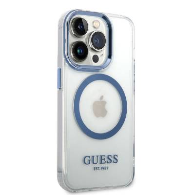 Apple iPhone 14 Pro Max Case GUESS Magsafe Charging Capable Metal Camera Frame Cover Blue