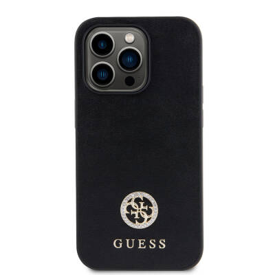 Apple iPhone 14 Pro Max Case Guess Original Licensed Leather 4G Metal Logo Strass Cover Black