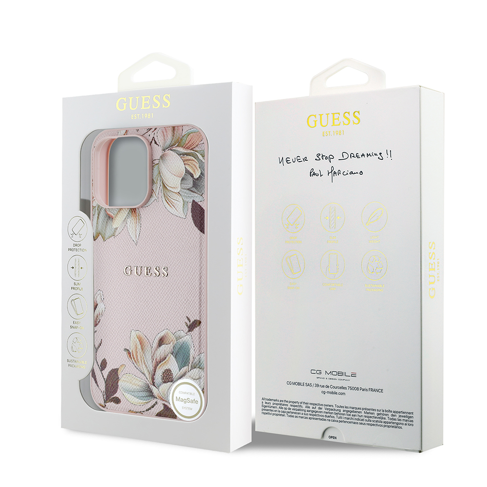 Apple iPhone 14 Pro Max Case Guess Original Licensed M-safe Charging Feature Grained Flower Design Metal Text Logo Cover - 17