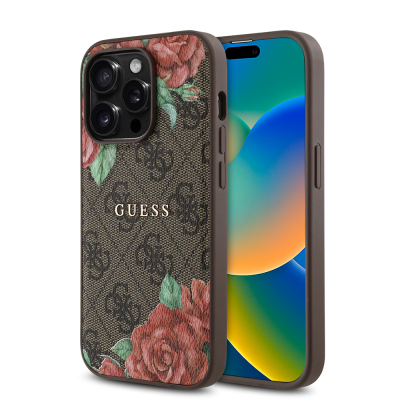 Apple iPhone 14 Pro Max Case Guess Original Licensed Magsafe Charging Feature Rose Printed 4G Patterned Text Logo Cover Brown
