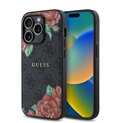 Apple iPhone 14 Pro Max Case Guess Original Licensed Magsafe Charging Feature Rose Printed 4G Patterned Text Logo Cover Black