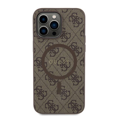 Apple iPhone 14 Pro Max Case Guess Original Licensed Magsafe Charging Featured 4G Patterned Text Logo Cover Brown