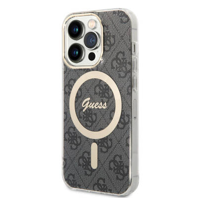 Apple iPhone 14 Pro Max Case Guess Original Licensed Magsafe Charging Featured 4G Patterned with Text Logo Cover Black