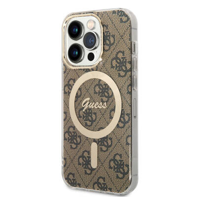 Apple iPhone 14 Pro Max Case Guess Original Licensed Magsafe Charging Featured 4G Patterned with Text Logo Cover Brown