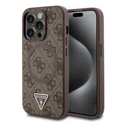 Apple iPhone 14 Pro Max Case Guess Original Licensed Magsafe Charging Featured PU Triangle Logo 4G Patterned Cover Brown