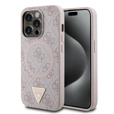 Apple iPhone 14 Pro Max Case Guess Original Licensed Magsafe Charging Featured PU Triangle Logo 4G Patterned Cover Pink