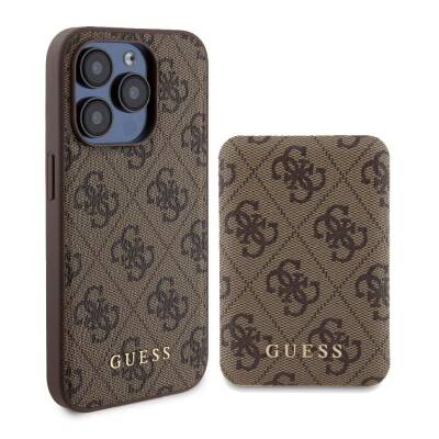 Apple iPhone 14 Pro Max Case Guess Original Licensed Magsafe Charging Features 4G Patterned Cover with Text Logo + Powerbank 5000mAh 2in1 Set Brown