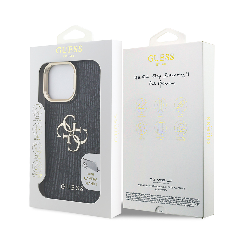 Apple iPhone 14 Pro Max Case Guess Original Licensed PU Leather 4G Patterned Metal Big 4G and Text Logo Camera Stand Cover - 12