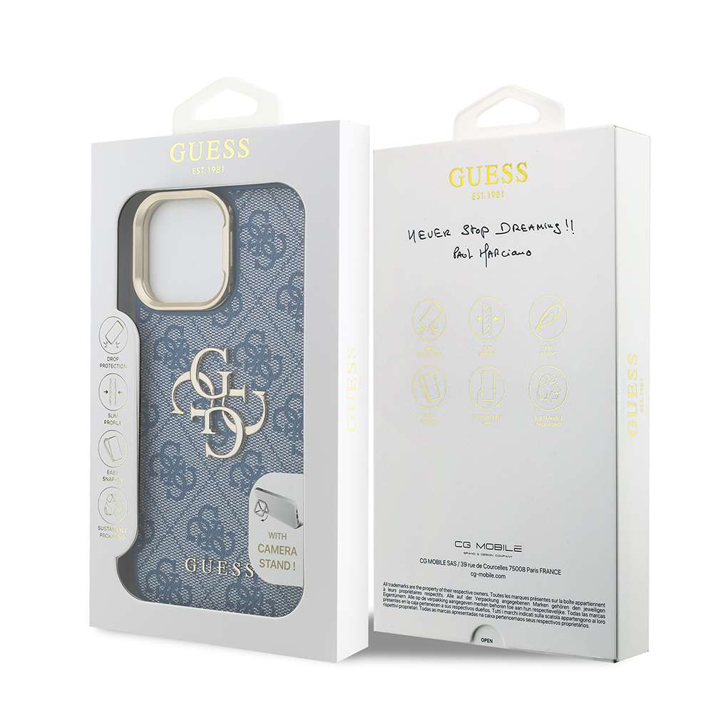 Apple iPhone 14 Pro Max Case Guess Original Licensed PU Leather 4G Patterned Metal Big 4G and Text Logo Camera Stand Cover - 19