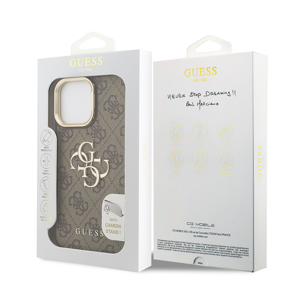 Apple iPhone 14 Pro Max Case Guess Original Licensed PU Leather 4G Patterned Metal Big 4G and Text Logo Camera Stand Cover - 26